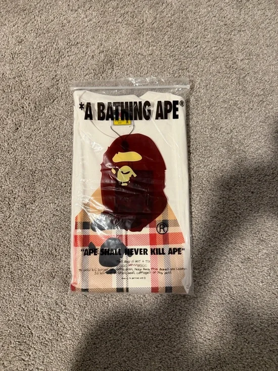 Bape White Tee with Beige Plaid Ape Head - Picture 4 of 4